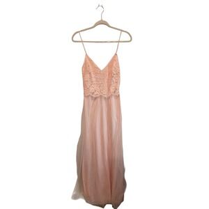 Ethereal Pink Lace Trim Tulle Maxi Dress Spaghetti Strap V Neck Evening Gown
